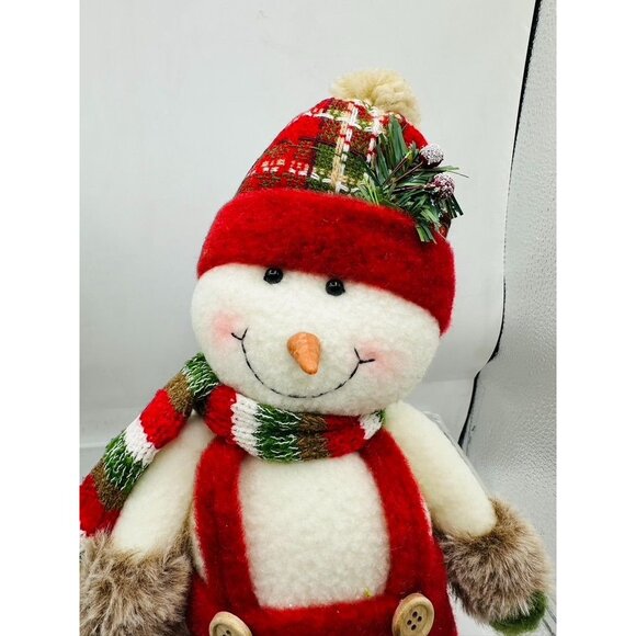 Christmas Snowman Plush Shelf Sitter Red Plaid Hat Beaded Legs Holiday Decor - Picture 2 of 10